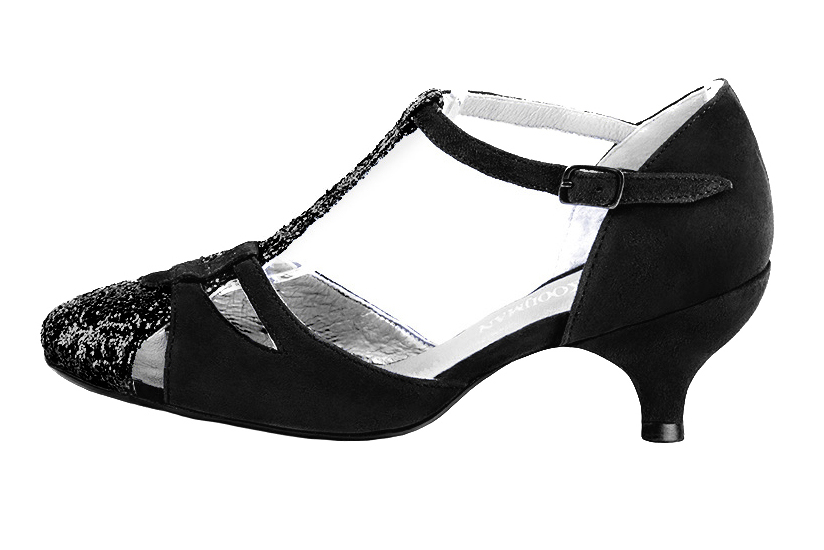 Gloss black women's T-strap open side shoes. Round toe. Medium spool heels. Profile view - Florence KOOIJMAN